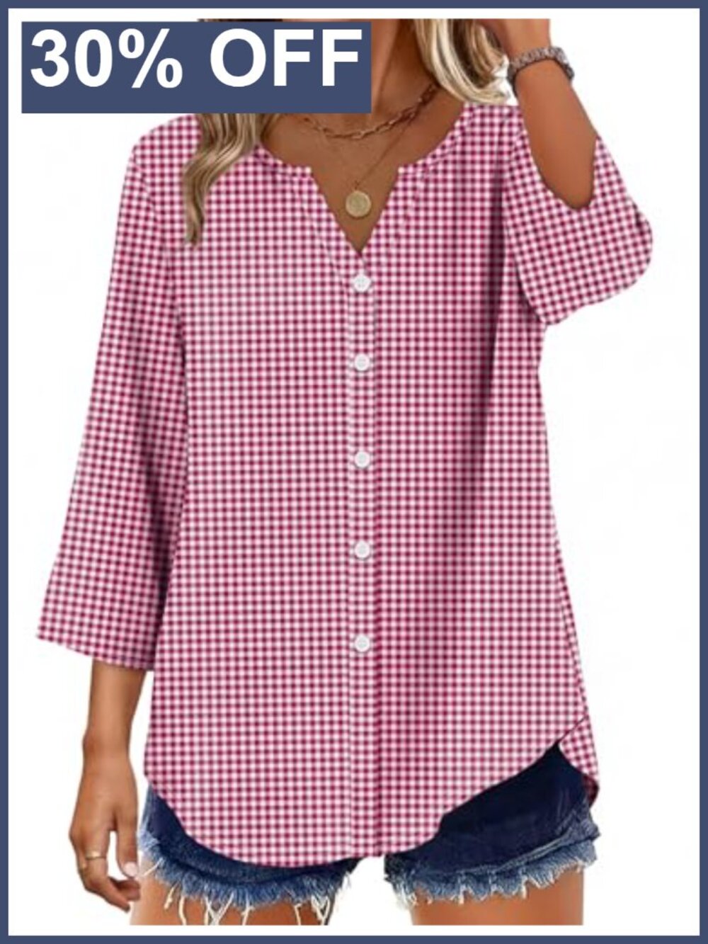 Womens 3/4 Sleeve V Neck Button Down Blouse Loose Fit Business Casual